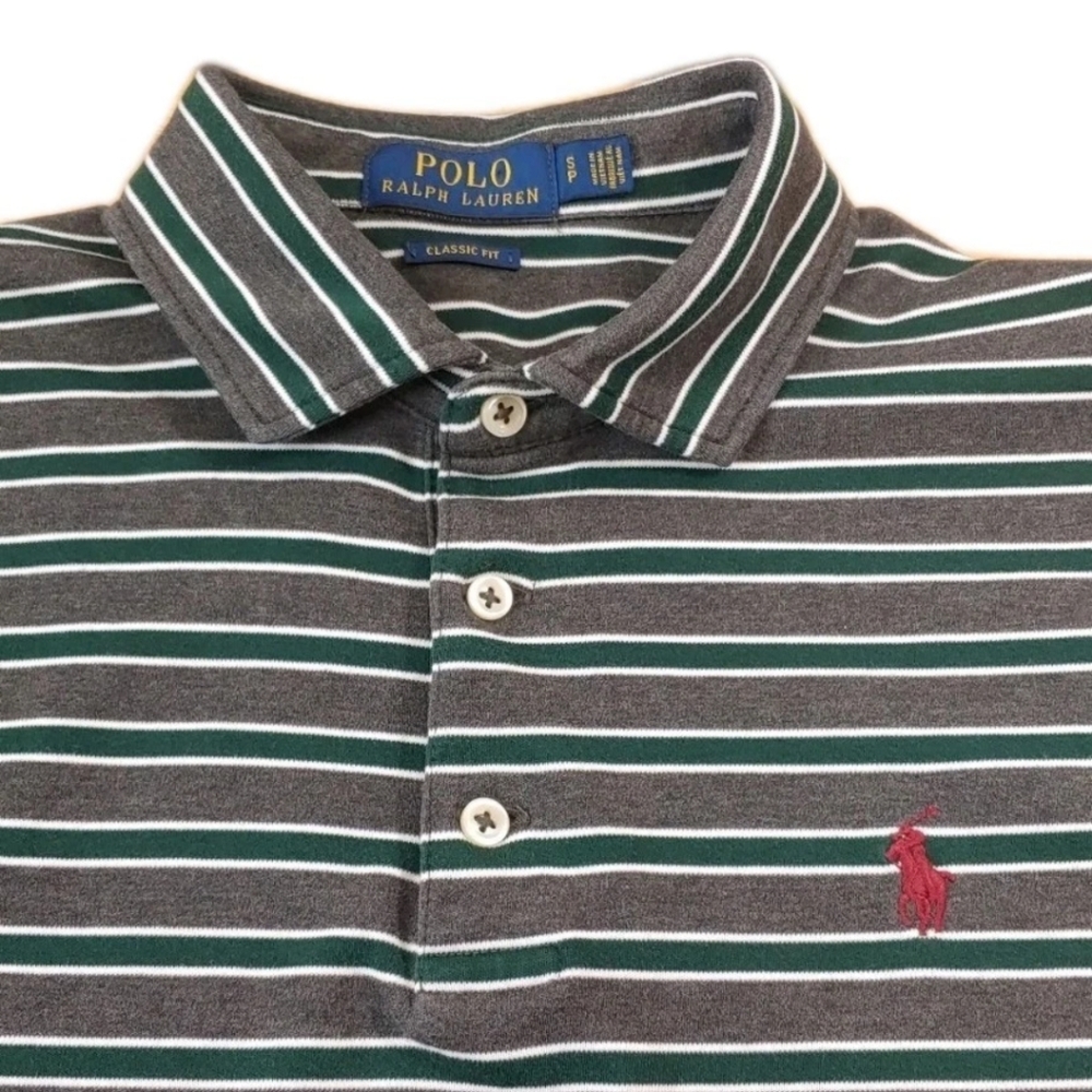 Polo Ralph Lauren Y2k Polo Shirt Men Small Preppy Pony Logo Gray Green Striped